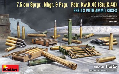 Picture of 7.5 cm Sprgr., Nbgr. & Pzgr.  Patr. Kw.K.40 (Stu.K.40)  Shells with Ammo Boxes